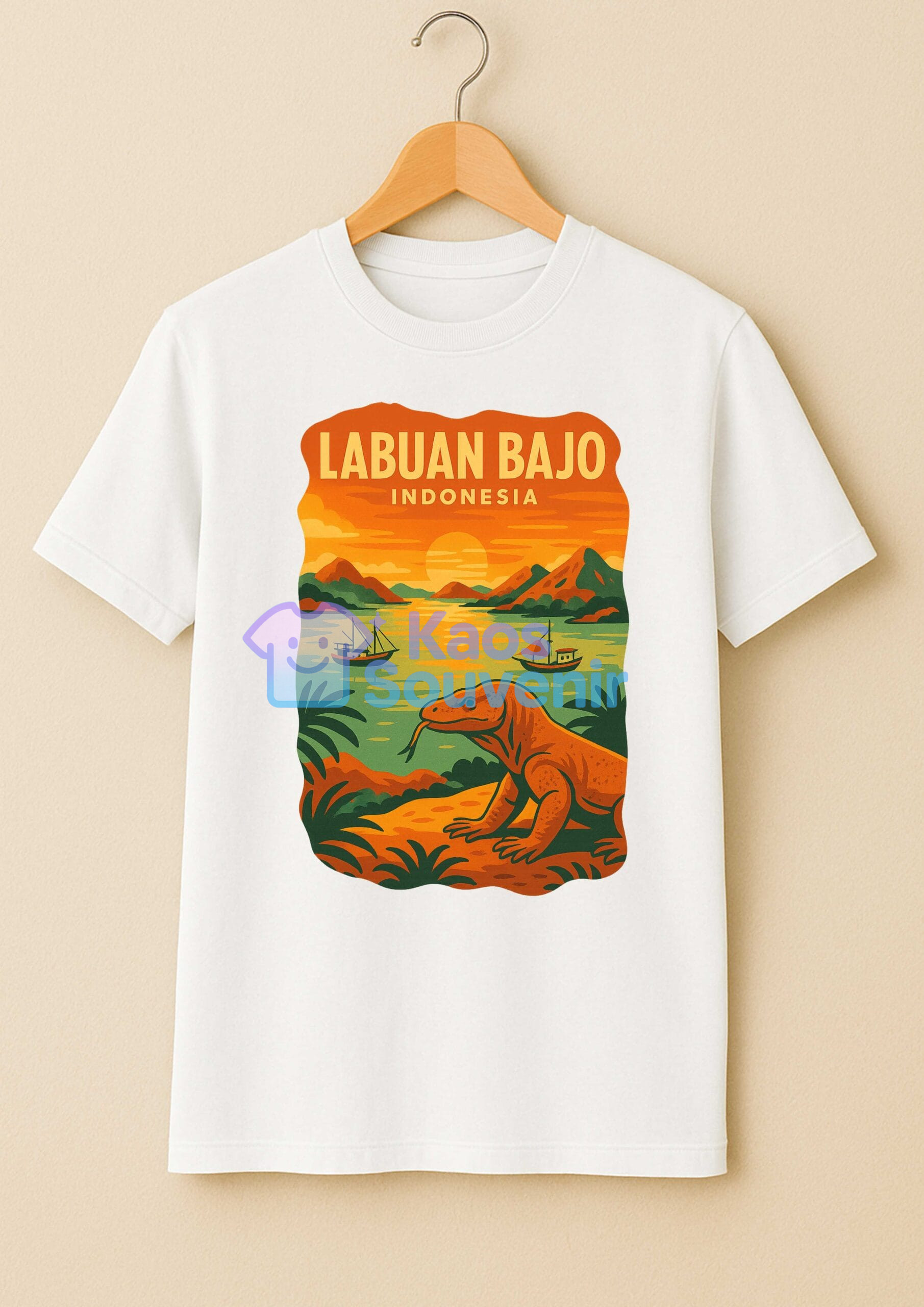 Kaos Souvenir Labuan Bajo – Komodo & Sunset Indonesia, Putih
